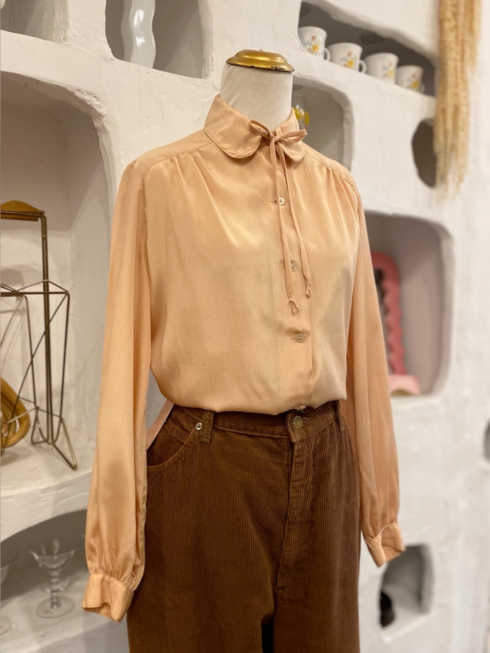 Vintage Warm Beige Tie-Neck Button Up Long Sleeve Blouse - Women Retro Tops